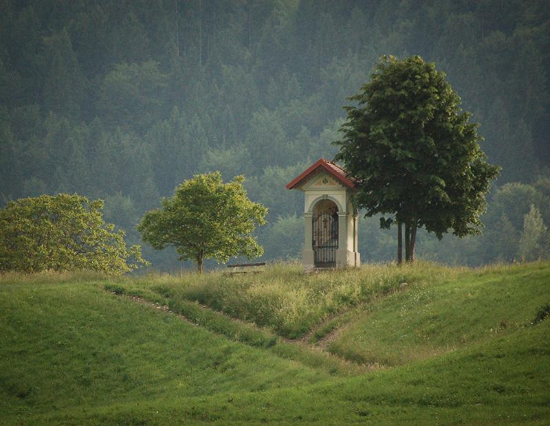 A peaceful, traditional wayside shrine (chapel) standing on a grassy hill, surrounded by trees and a misty forest background in the Slovenian countryside. Cultural stop on a self-guided route.