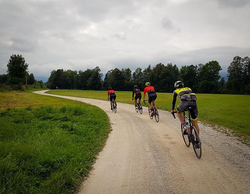 Small group of four cyclists riding on a scenic gravel path through open green fields in the Slovenian countryside. Ideal for gravel and road cycling tours.