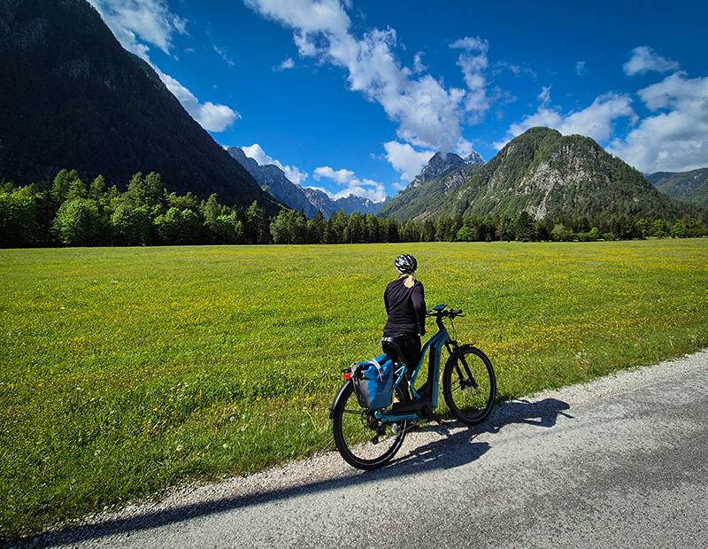 E-bike rider standing on a valley road, gazing at the massive, rocky peaks of the Julian Alps across a vast yellow flower meadow. Ideal for self-guided e-bike tours in Slovenia.